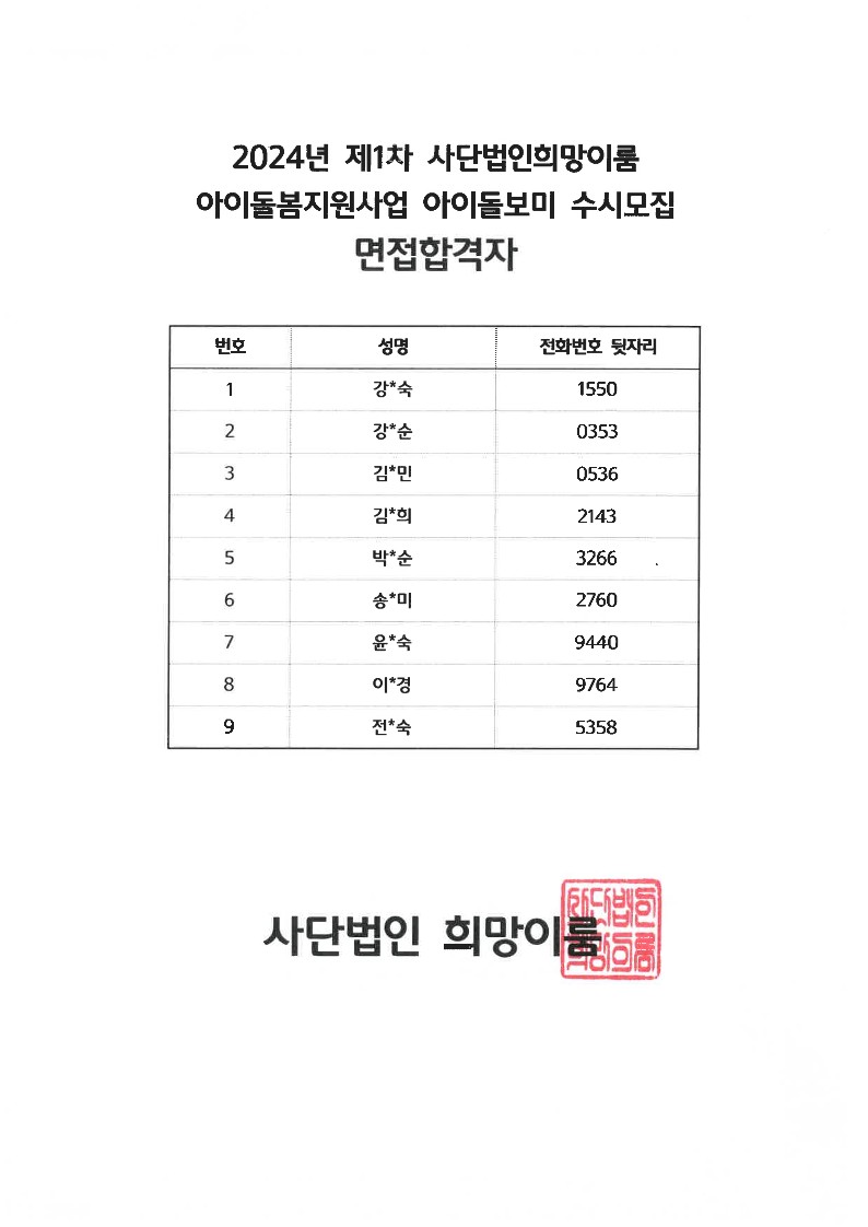 2024년 제1차 사단법인 희망이룸 아이돌봄지원사업 아이돌보미 수시모집 면접 합격자.jpg