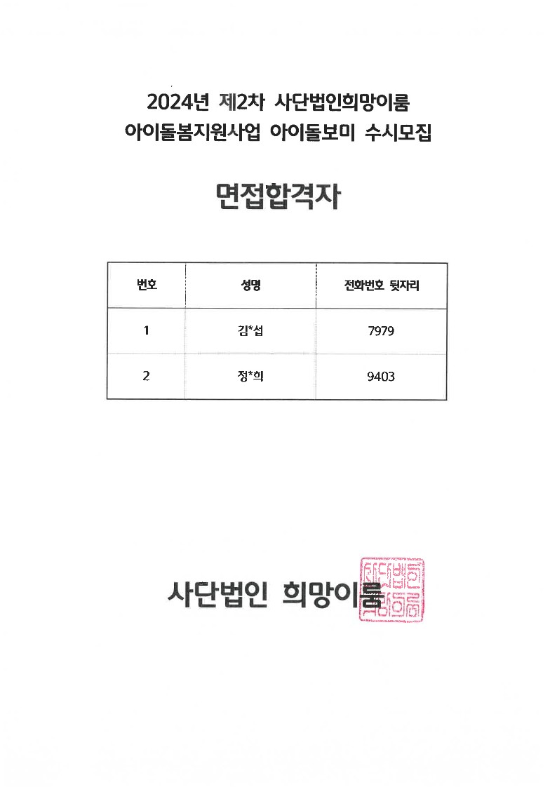 2024년 제2차 사단법인희망이룸 아이돌봄지원사업 아이돌보미 수시모집 면접합격자 발표_1.jpg