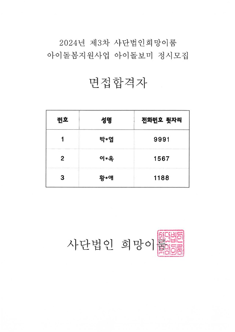 2024년 제3차 사단법인희망이룸 아이돌봄지원사업 아이돌봅미 정시모집 면접합격자 발표_1.jpg